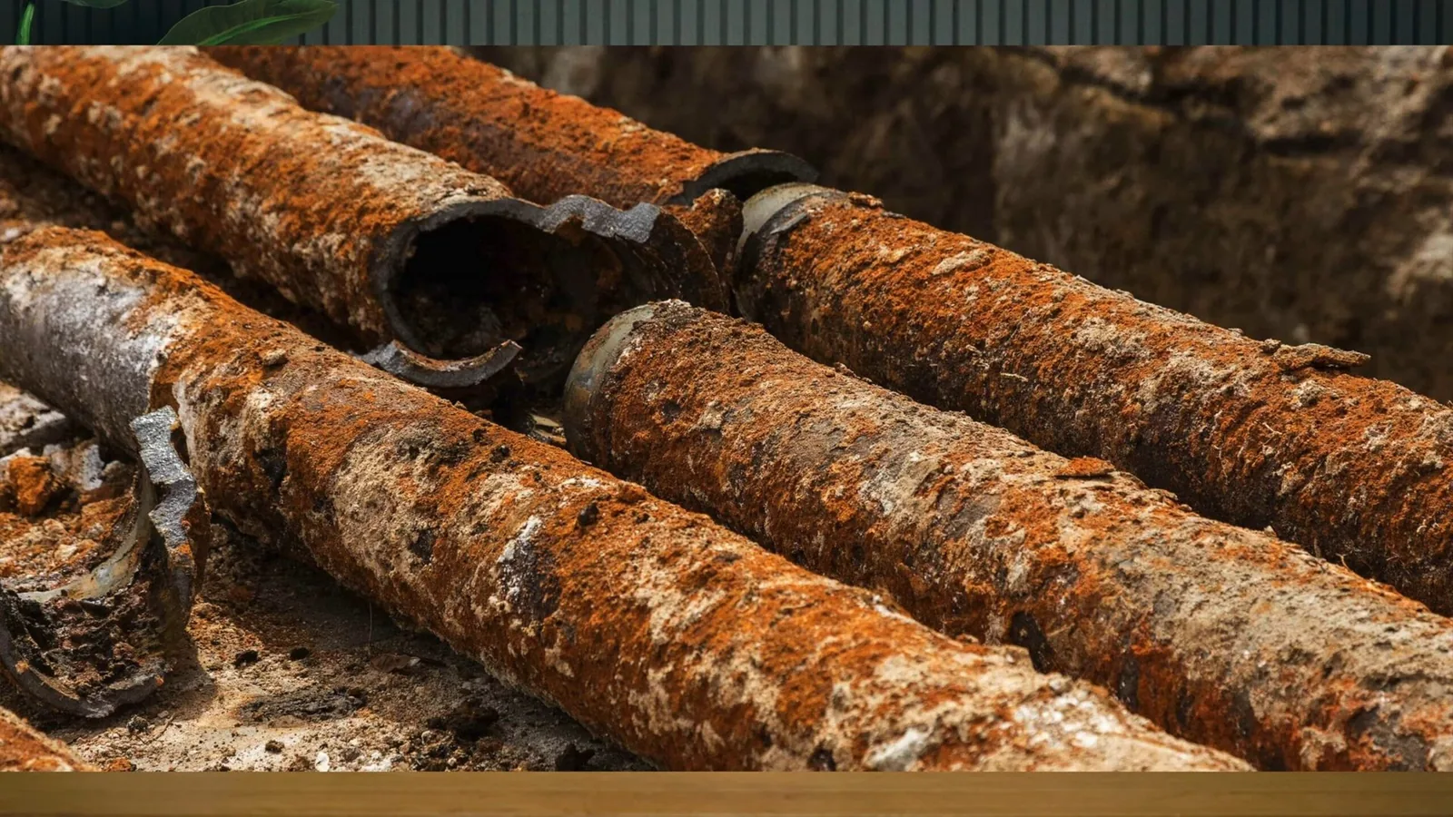 View of rusted sewer pipe sections on workbench on a Boynton Beach emergency plumbing job