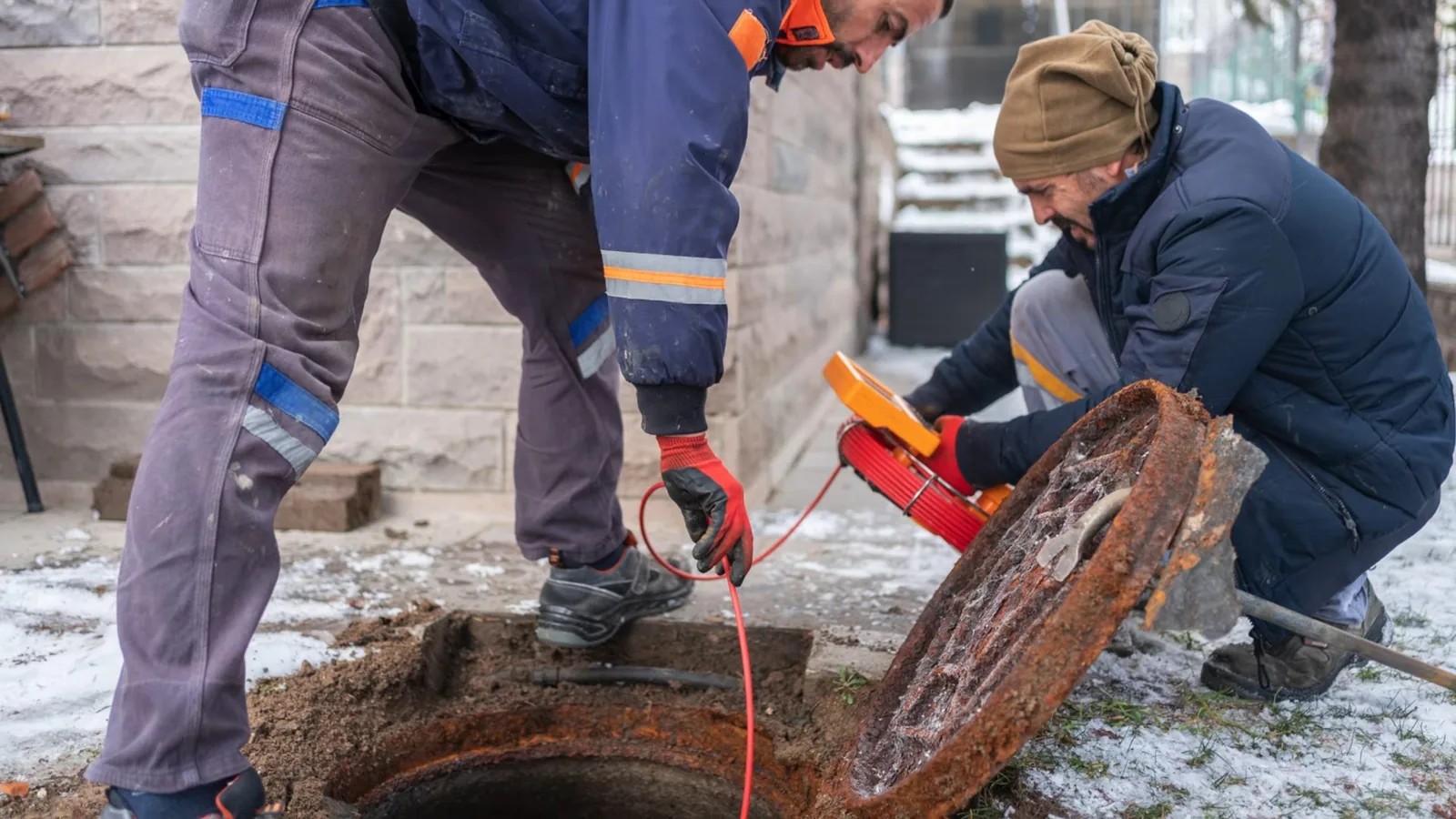 Sewer repair workers opening yard trench being checked by a plumber during emergency plumbing
